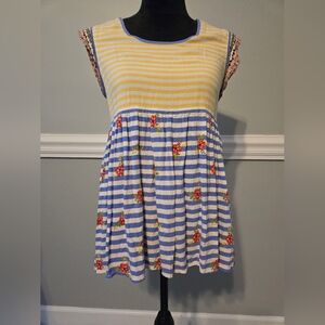 Matilda Jane S Hi-Lo yellow stripe and blue floral top.